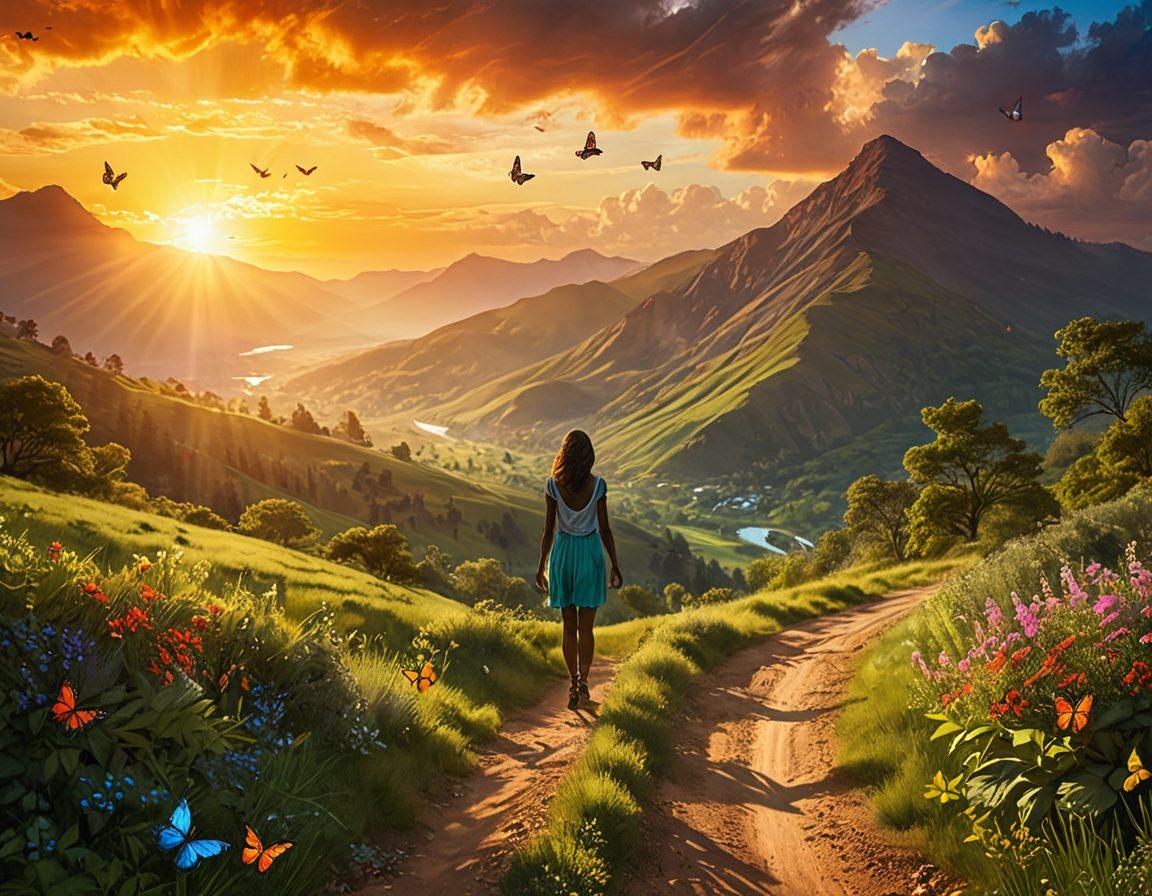 A serene landscape showcasing an open road winding through lush green mountains, symbolizing a journey of empowerment. Include silhouettes of diverse individuals walking confidently along the path, with bright rays of sunlight illuminating their faces, representing hope and inspiration. Add delicate butterflies fluttering around to symbolize transformation. The sky should be vibrant with colors of dawn. super-realistic. vibrant colors. 3D.