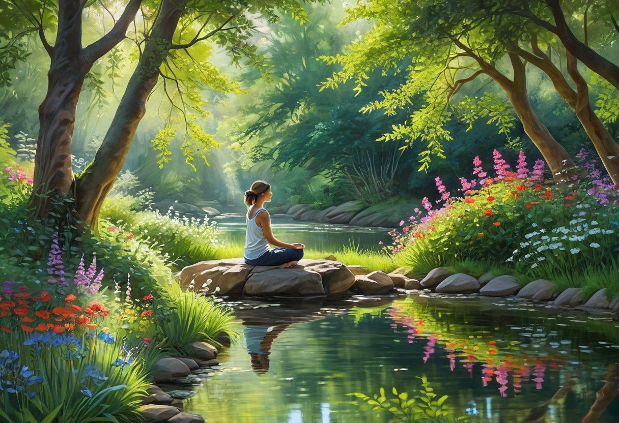A serene landscape featuring a person meditating in a lush green garden, surrounded by blooming flowers and a gentle stream. Soft sunlight filters through the trees, creating a calming atmosphere. Include elements of mindfulness such as a journal and tea nearby. The scene conveys tranquility, joy, and balance in life. vibrant colors. painting.