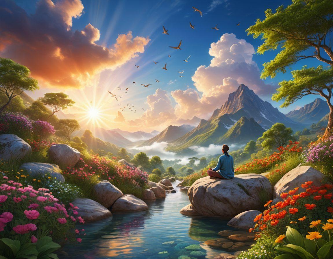 A serene landscape depicting a person meditating on a mountaintop, surrounded by lush greenery and blooming flowers, with rays of sunlight breaking through the clouds, symbolizing empowerment and wellness. Include vibrant colors that evoke feelings of happiness and tranquility. Incorporate elements like a gentle stream flowing nearby and birds soaring in the sky. 3D rendering. vibrant colors. peaceful atmosphere.